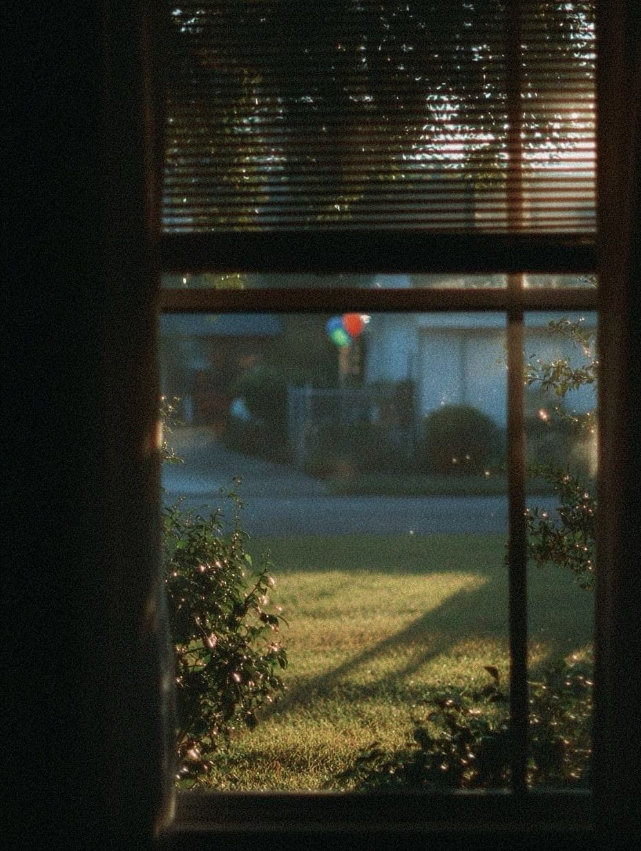 A sunlit lawn seen through a window with the blind half down, two balloons across the street
