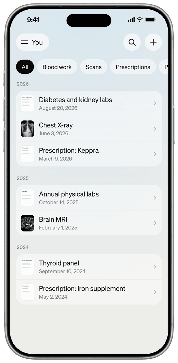 Your Documents tab in Jini: the family's records under their years, each with its first page, title and date, filtered by All, Blood work, Scans, Prescriptions or Photos
