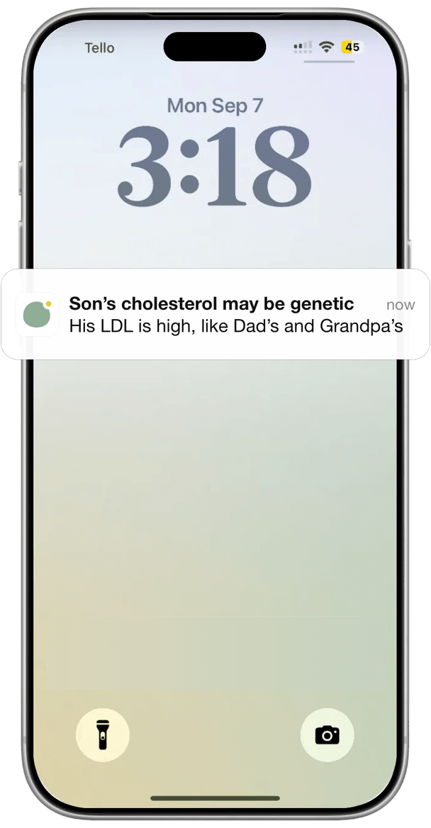 A lock screen with a Jini notification: Son’s cholesterol may be genetic. His LDL is high, like Dad’s and Grandpa’s