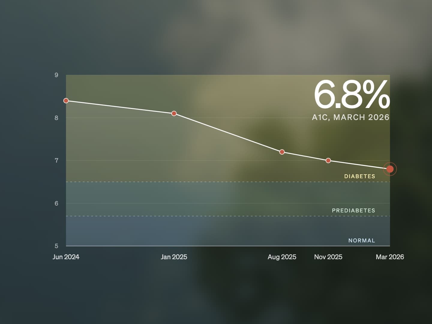 An A1c result plotted over five reports from June 2024 to March 2026, falling from 8.4% to 6.8%, with the diabetes, prediabetes and normal ranges shaded behind the line